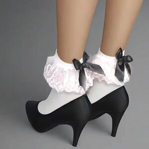 Sexy Black Bow in Back Ruffled Socks White has Embroidered Pink Hearts NWT